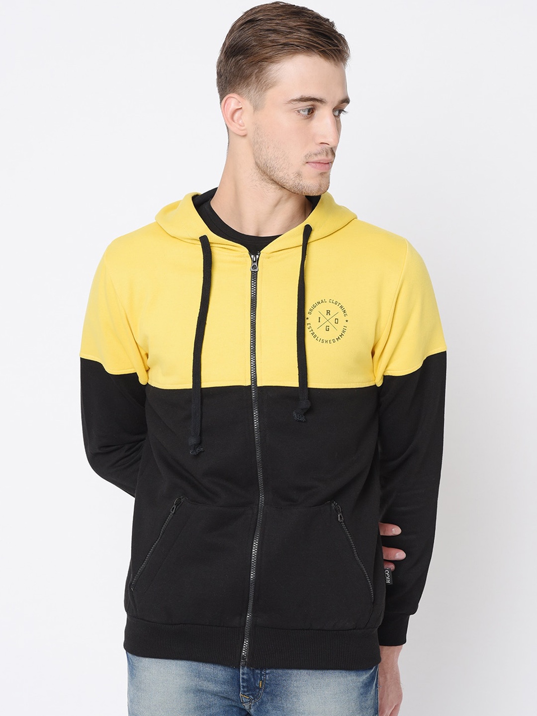 

Rigo Men Yellow & Black Colour blocked Hooded Sweatshirt