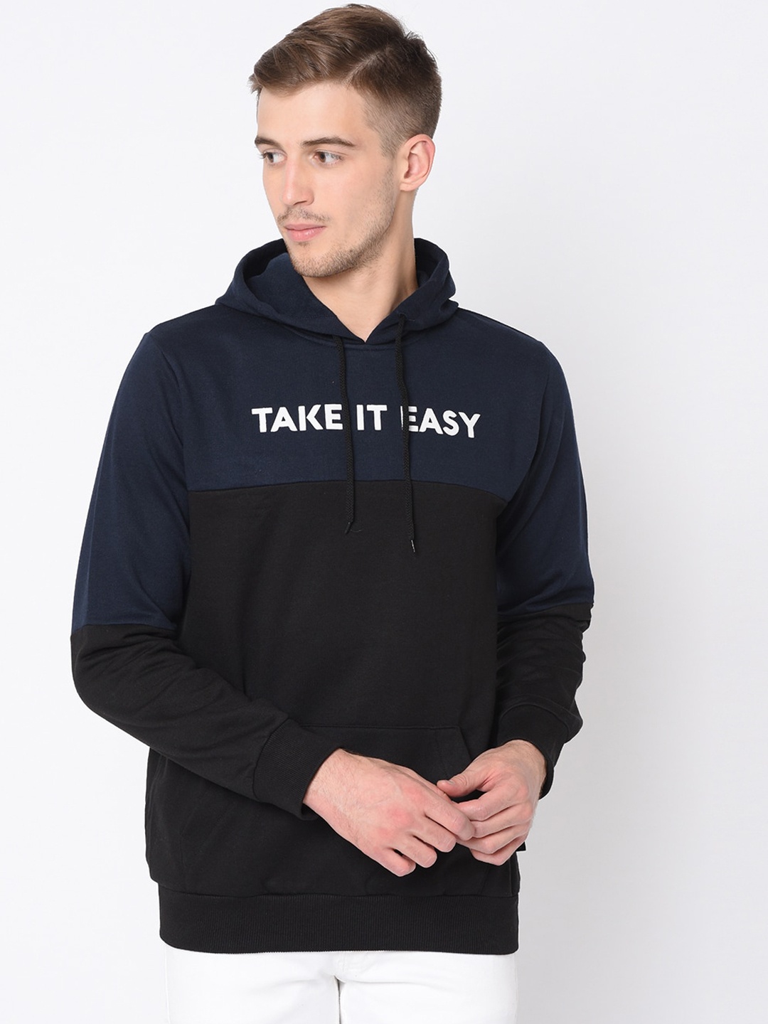

Rigo Men Navy Blue Colourblocked Hooded Sweatshirt