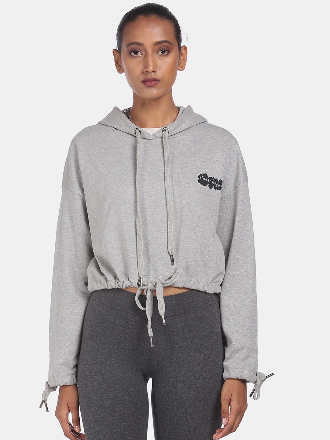 

Flying Machine Women Grey Hooded Crop Sweatshirt