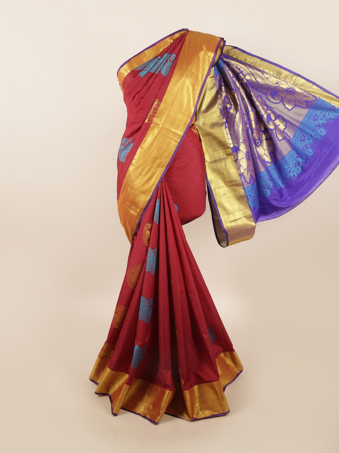 

Pothys Maroon & Blue Ethnic Motifs Zari Silk Blend Saree