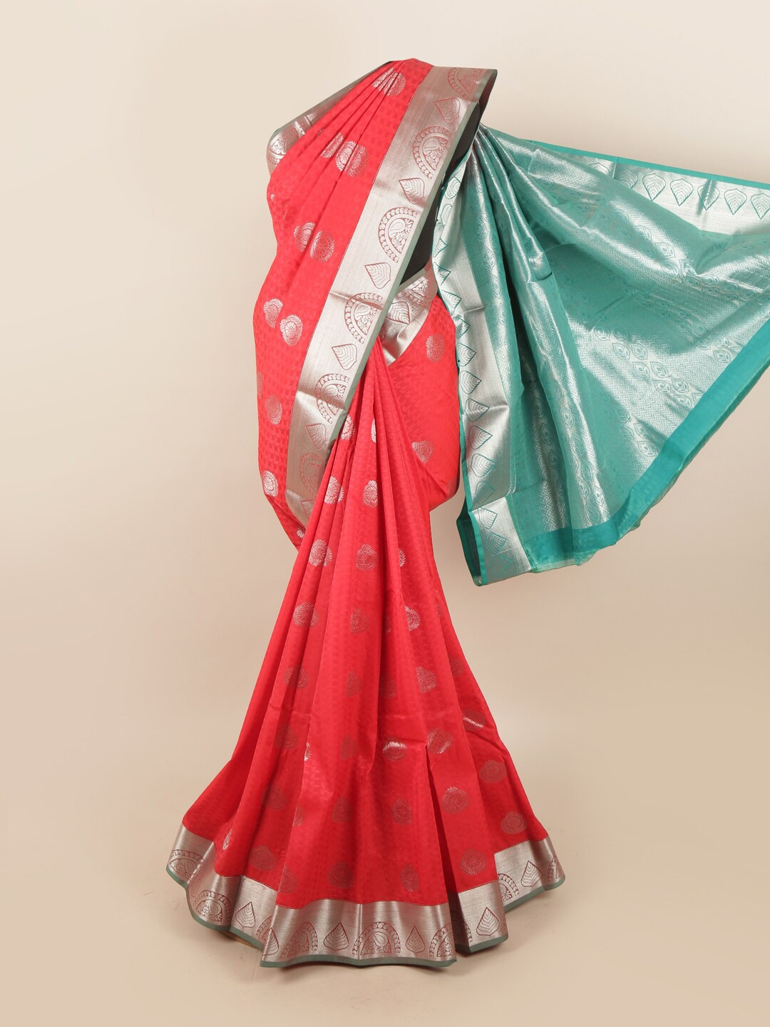 

Pothys Coral & Green Ethnic Motifs Zari Silk Blend Saree