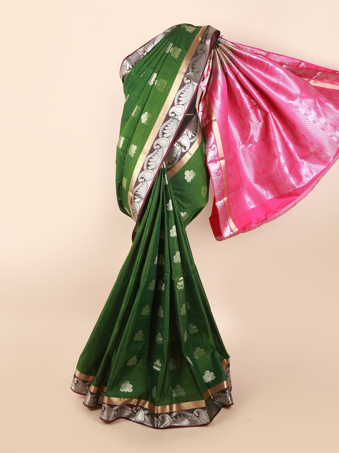 

Pothys Green & Pink Ethnic Motifs Zari Silk Blend Saree