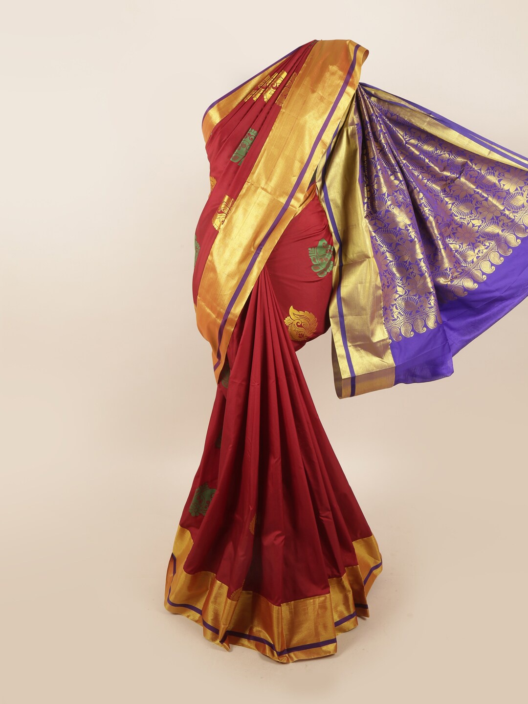 

Pothys Maroon & Blue Ethnic Motifs Silk Blend Saree