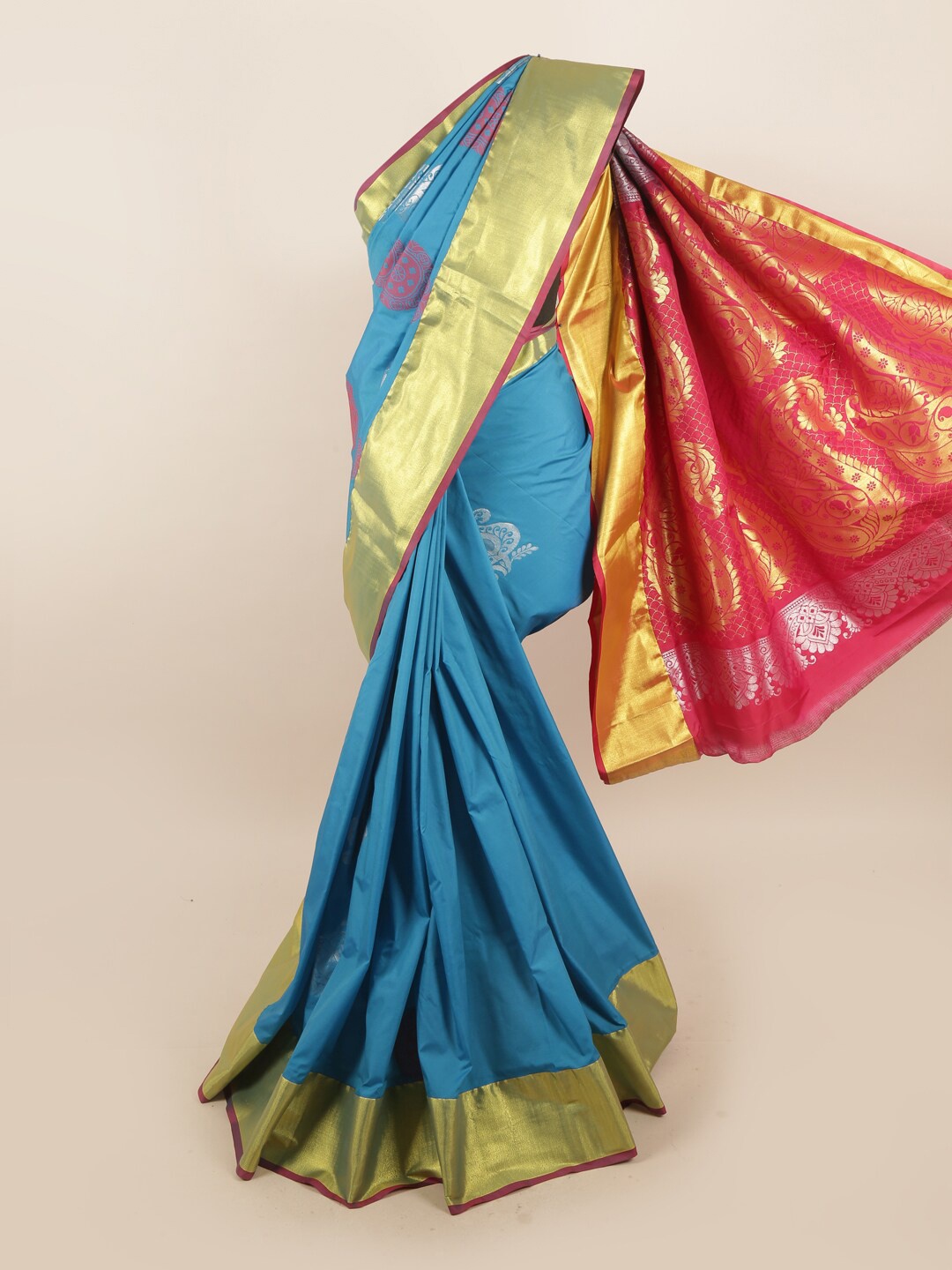 

Pothys Blue & Magenta Ethnic Motifs Zari Silk Blend Saree