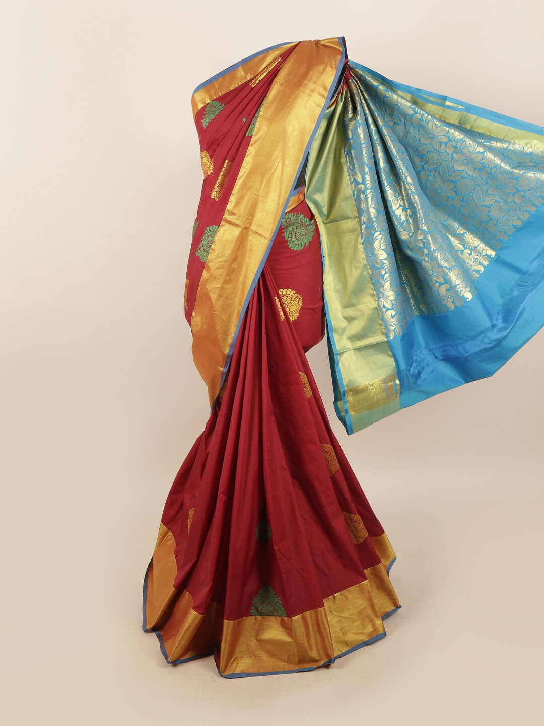 

Pothys Maroon & Blue Ethnic Motifs Zari Silk Blend Saree