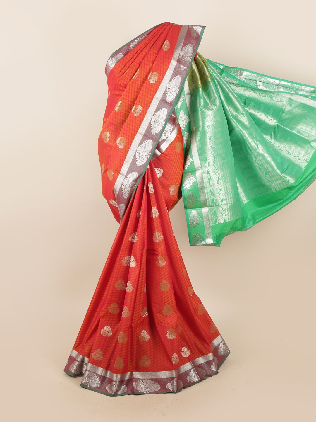 

Pothys Orange & Green Ethnic Motifs Zari Saree