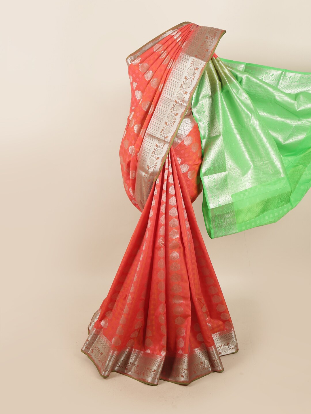 

Pothys Orange & Green Ethnic Motifs Zari Silk Blend Saree