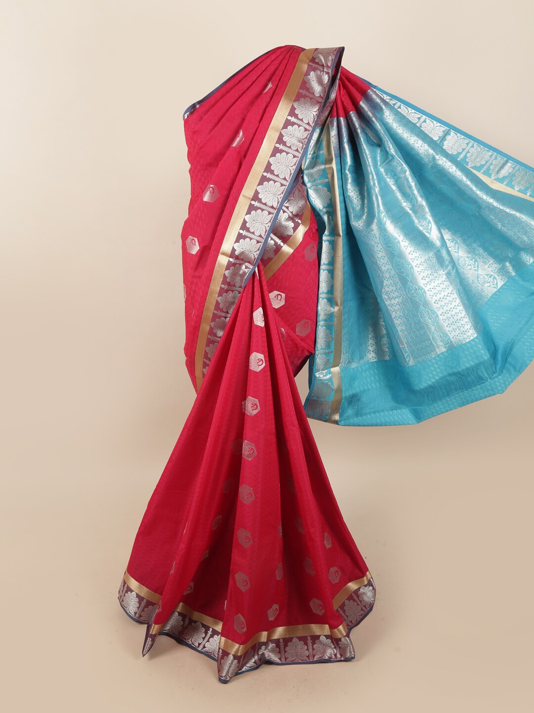 

Pothys Red & Turquoise Blue Ethnic Motifs Silk Blend Saree