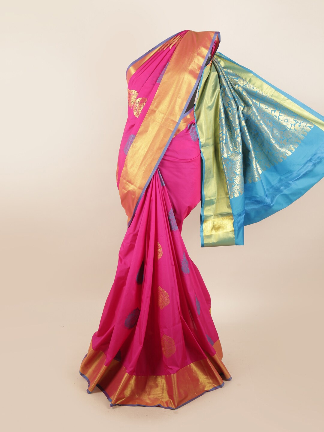 

Pothys Pink & Blue Ethnic Motifs Zari Silk Blend Saree