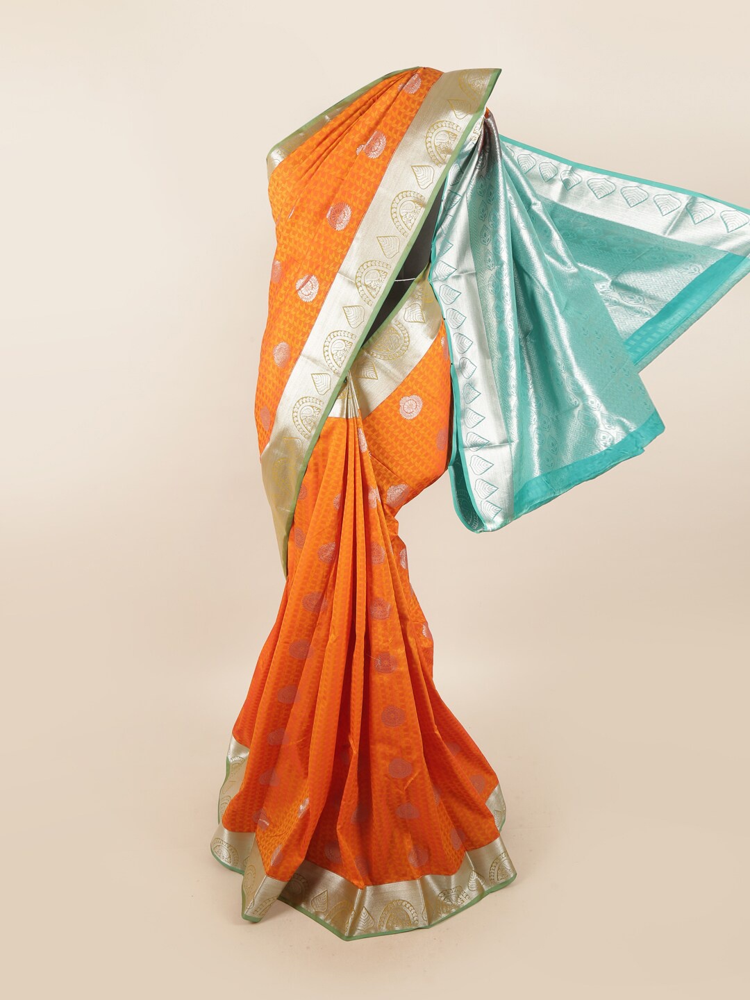 

Pothys Orange & Blue Ethnic Motifs Zari Silk Blend Saree