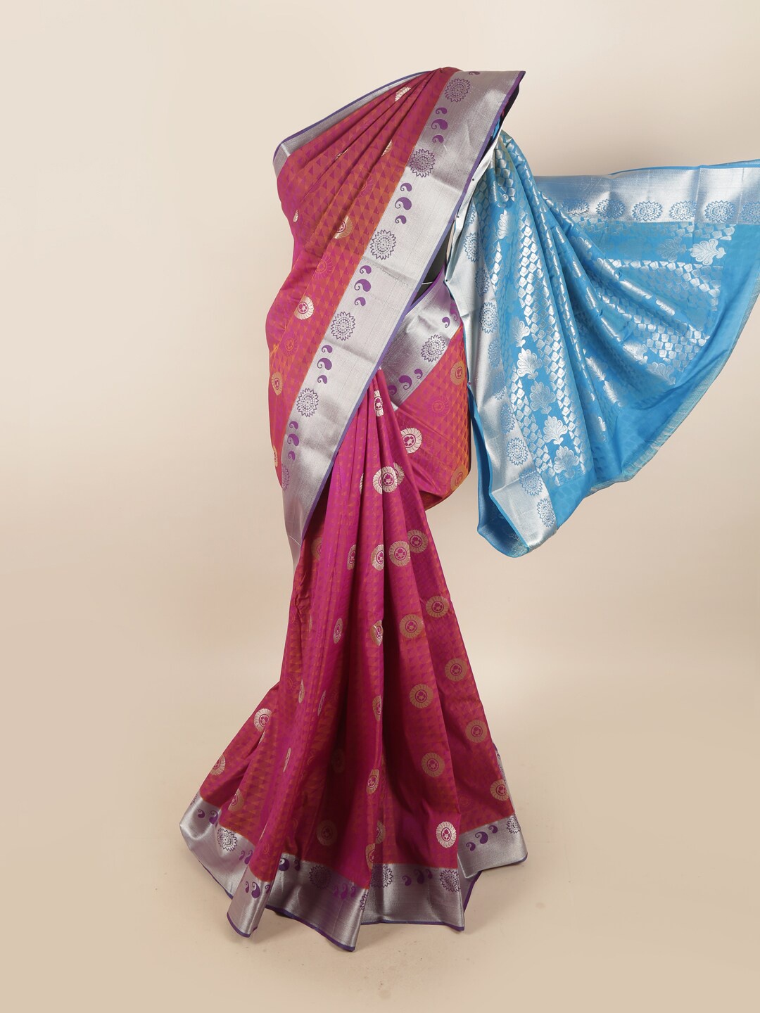 

Pothys Magenta & Blue Ethnic Motifs Zari Silk Blend Saree