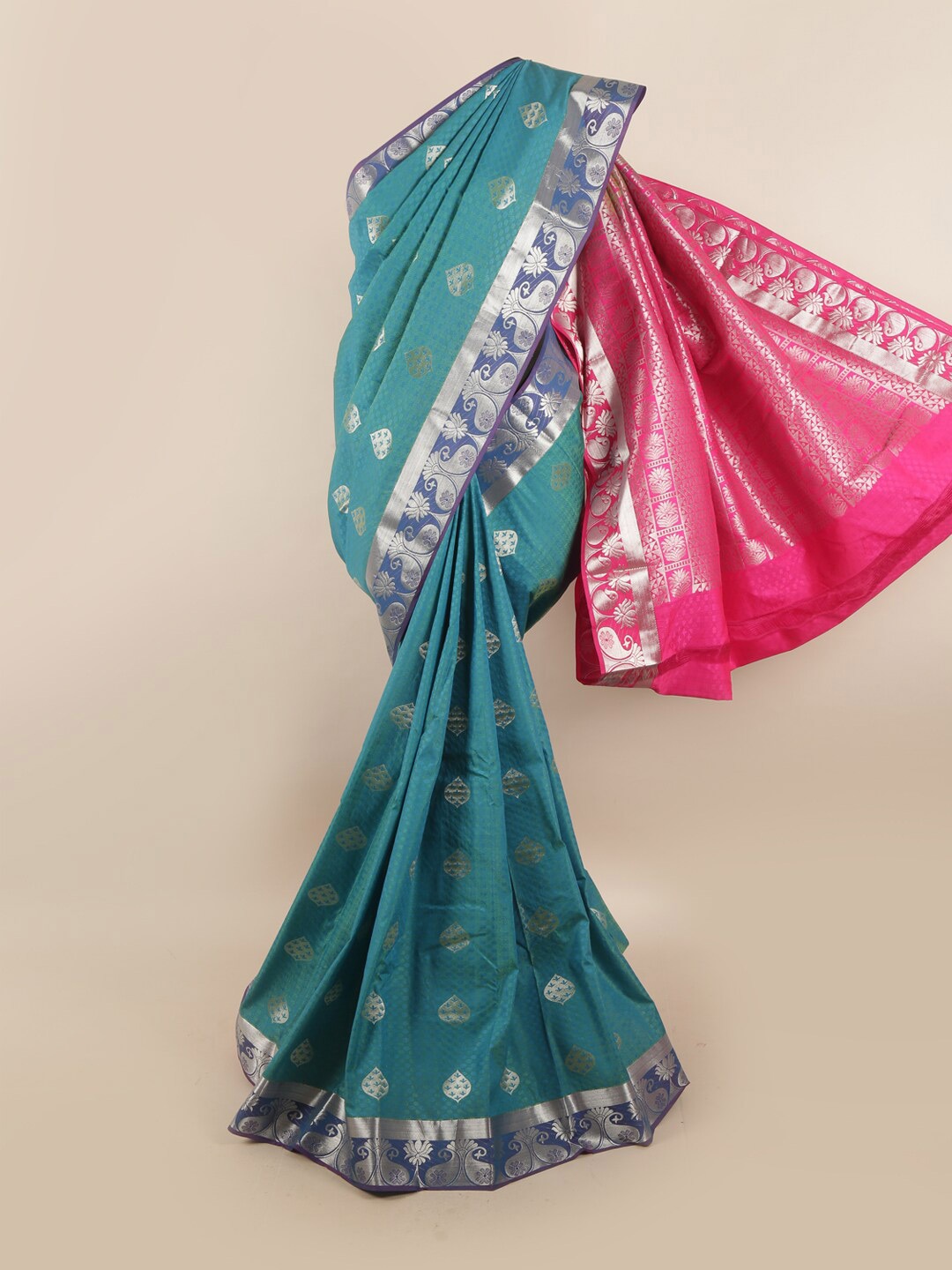 

Pothys Women Blue & Pink Ethnic Motifs Woven Designed Saree
