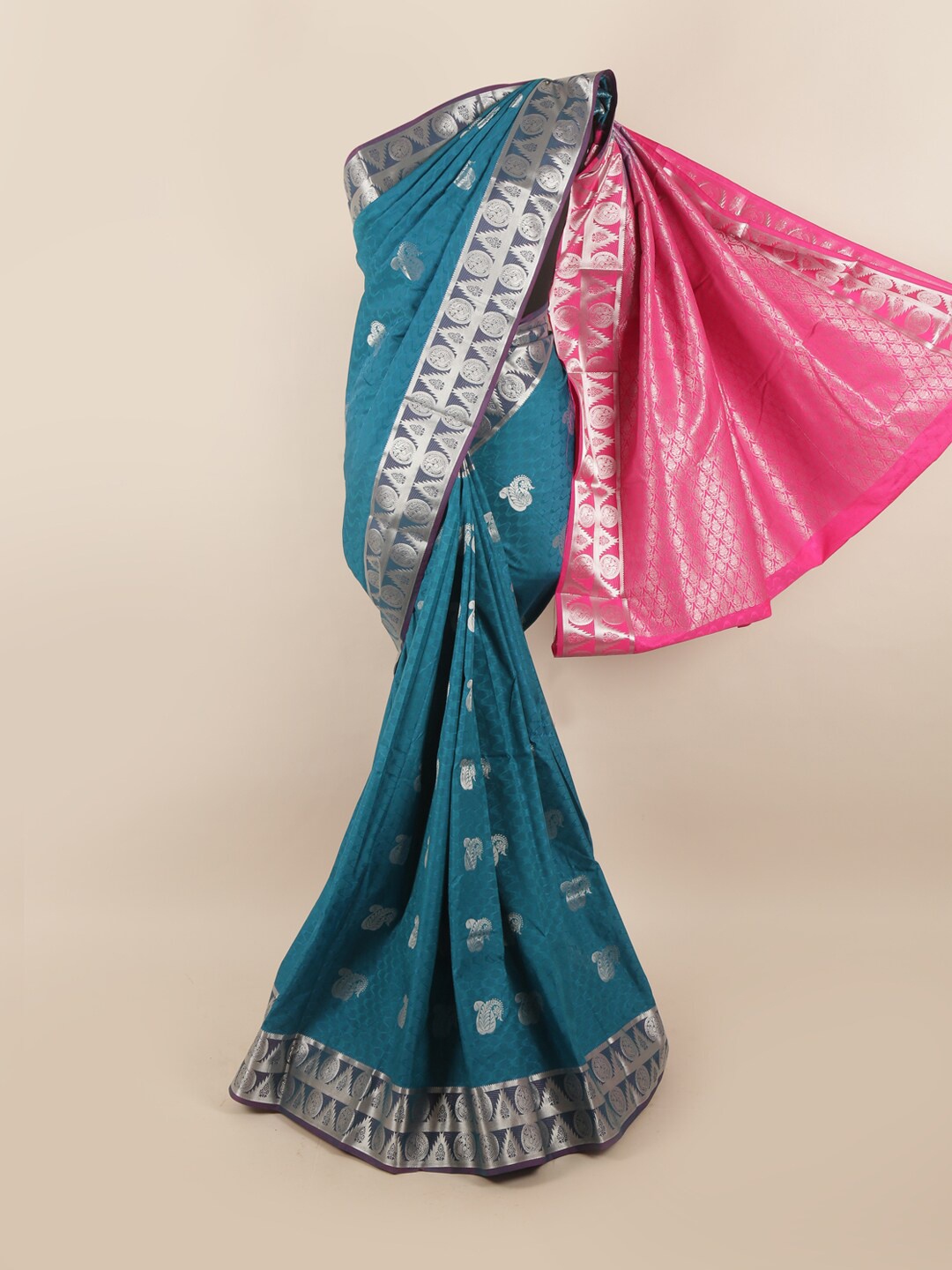 

Pothys Blue & Fuchsia Ethnic Motifs Zari Silk Blend Saree