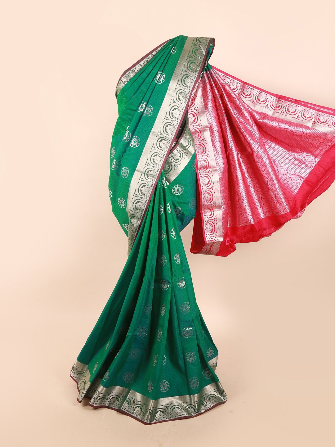 

Pothys Green & Pink Ethnic Motifs Zari Saree