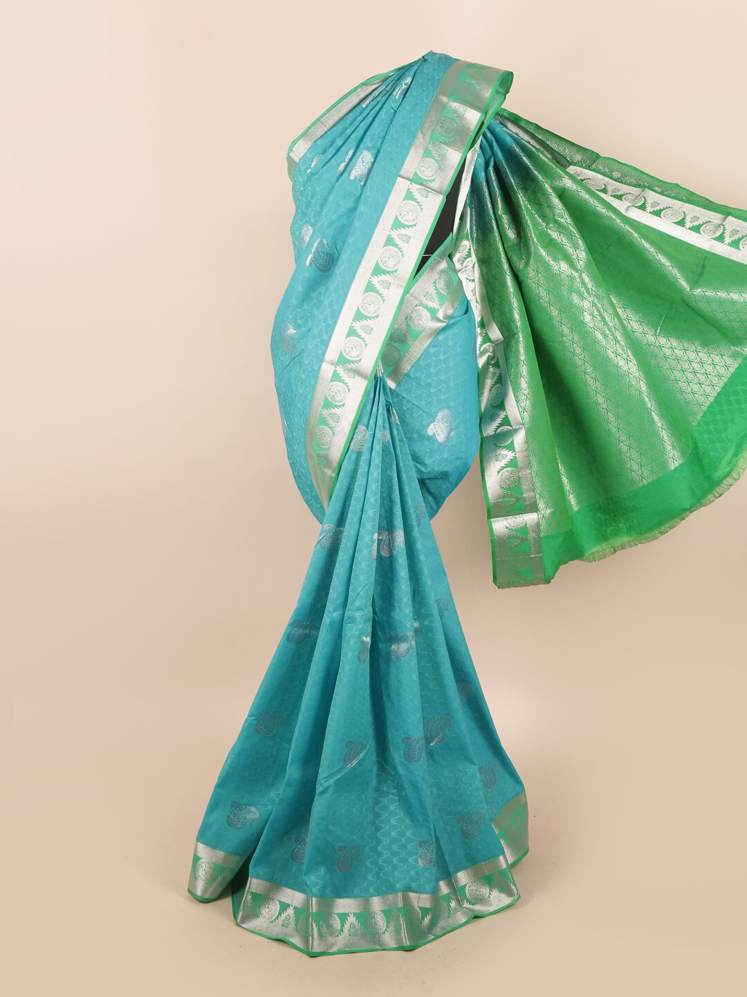 

Pothys Blue & Green Ethnic Motifs Zari Silk Blend Saree
