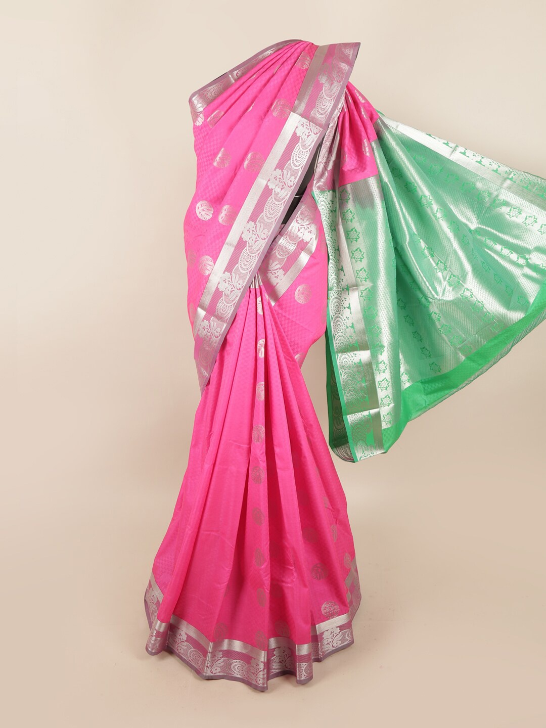 

Pothys Pink & Silver-Toned Ethnic Motifs Zari Saree