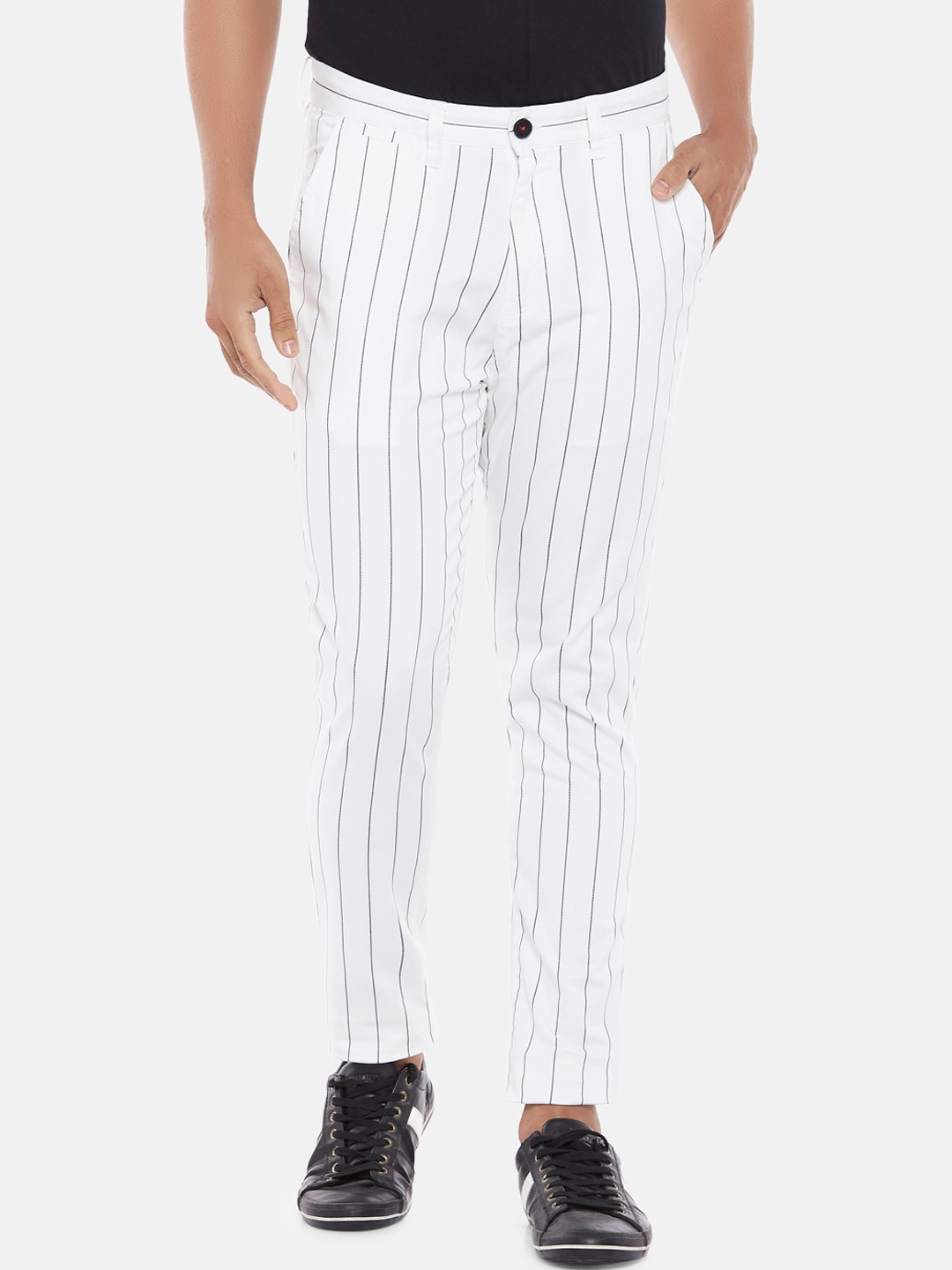 

Urban Ranger by pantaloons Men White Striped Slim Fit Trousers