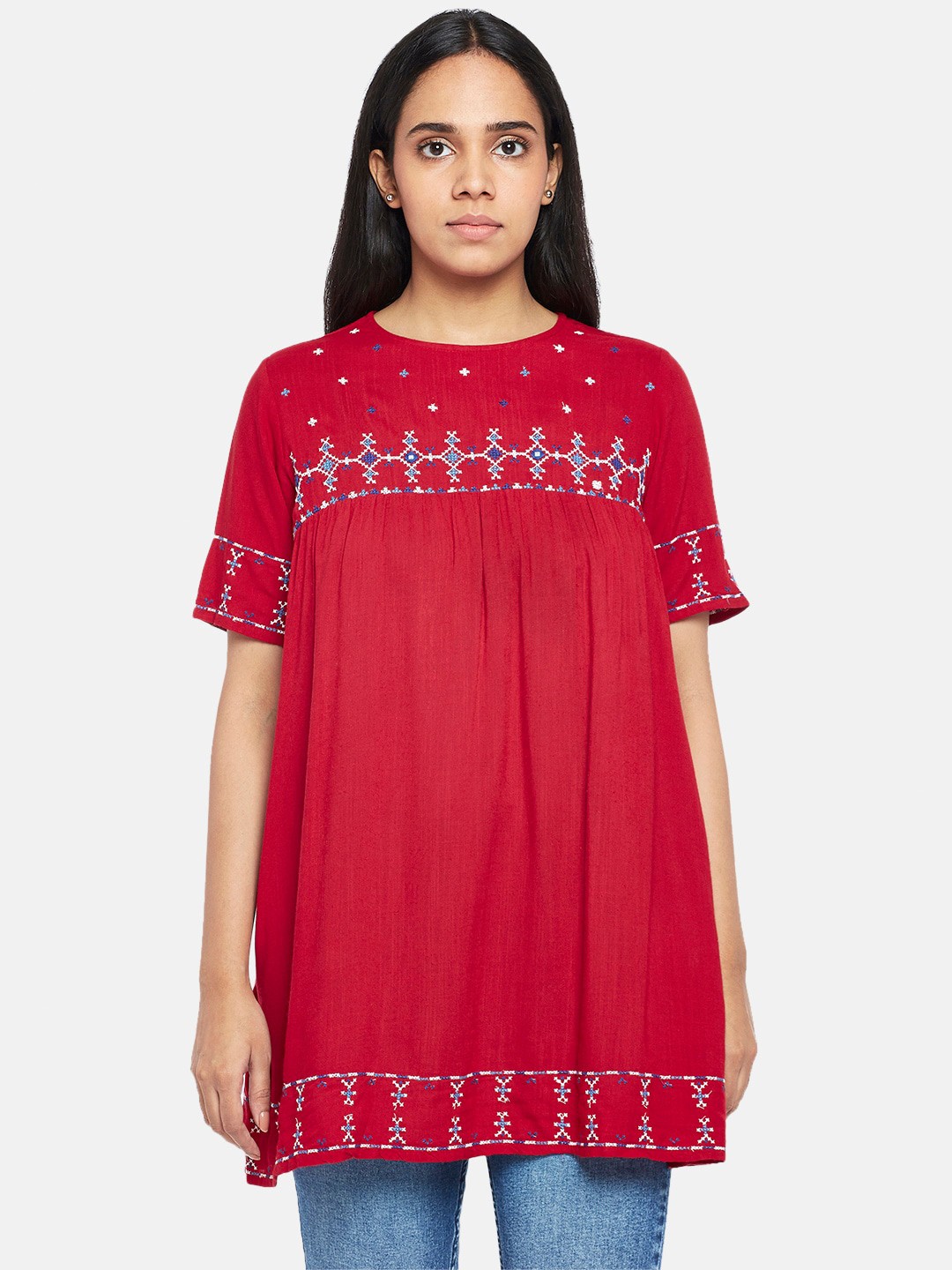 

People Red & Blue Viscose Rayon Embroidered Tunic