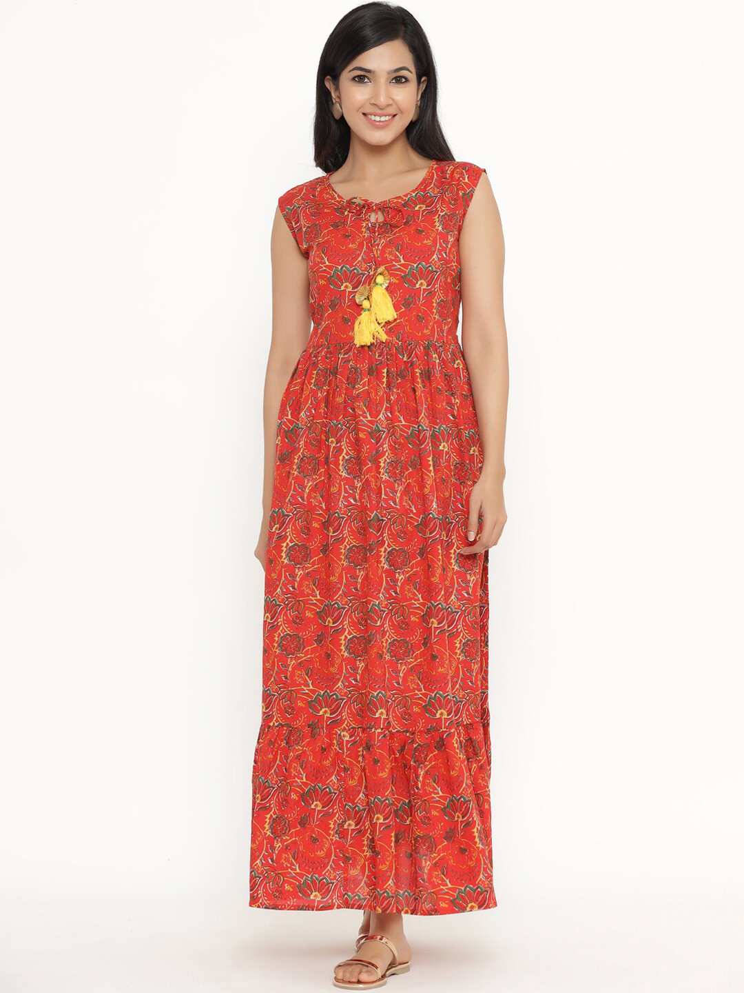 

Silai Bunai Women Red Floral Printed Anarkali Kurta
