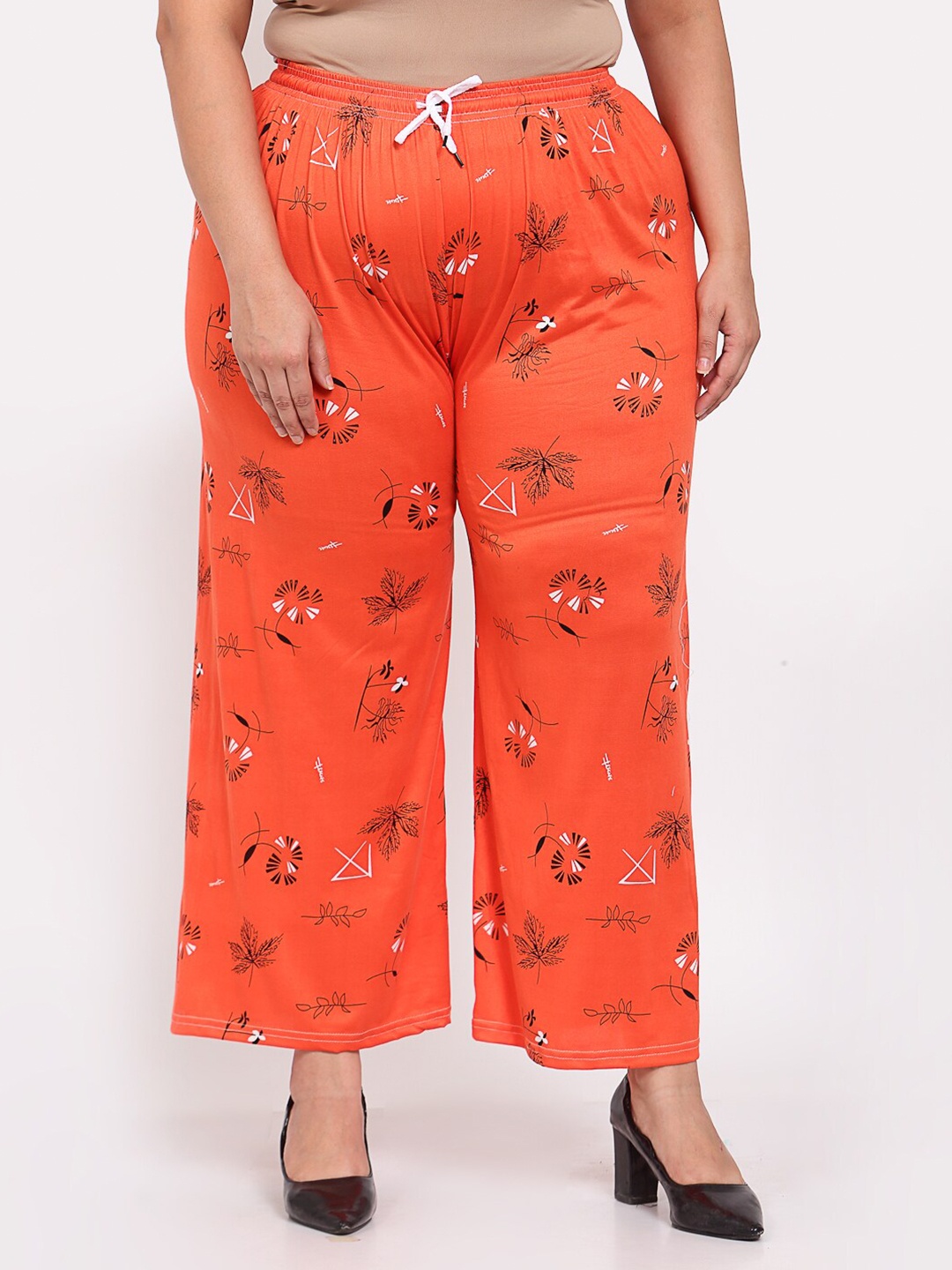 

KLOTTHE Women Plus Size Orange & Black Floral Printed Palazzos