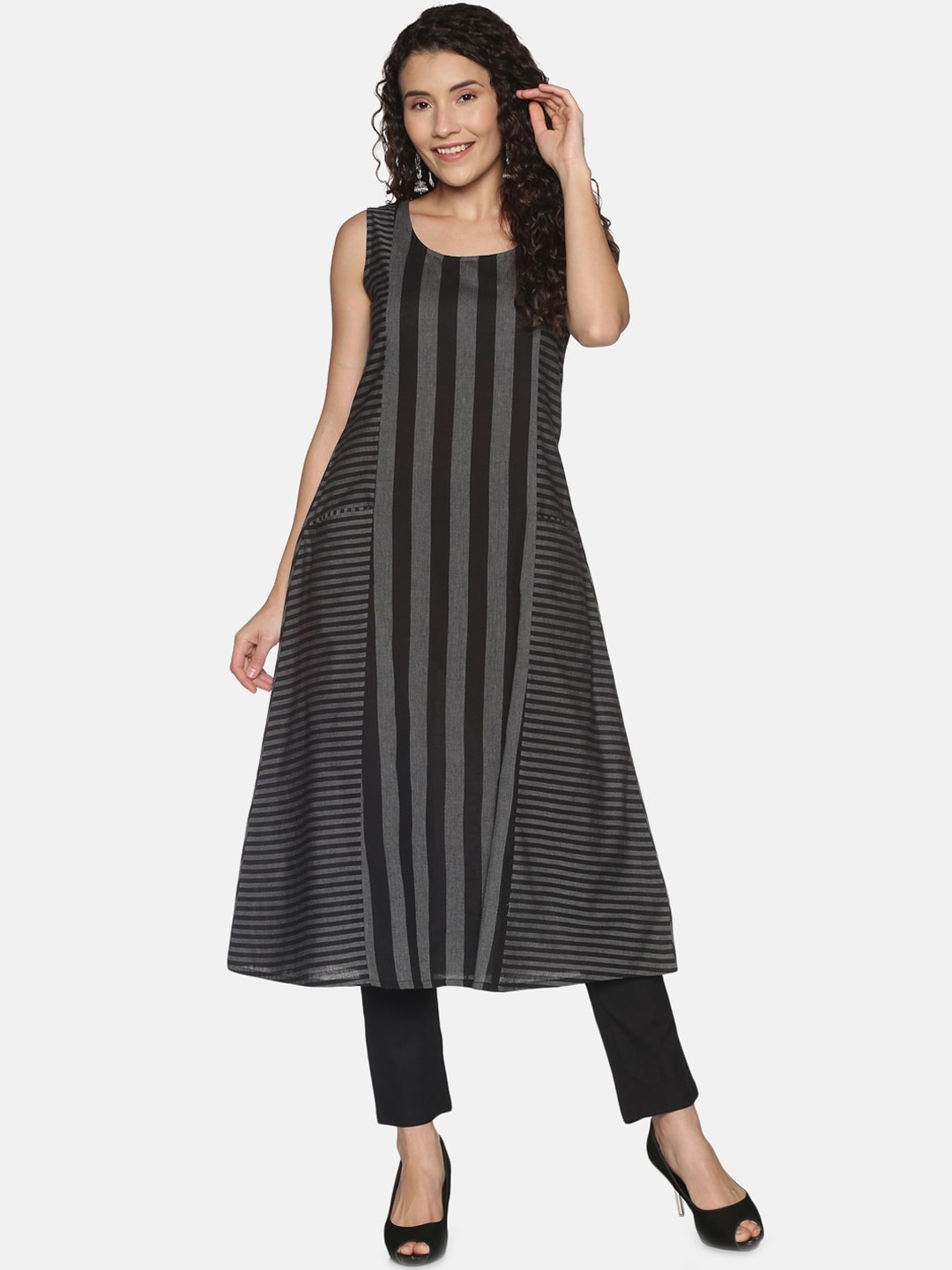 

Saffron Threads Women Black Striped A-line Kurta