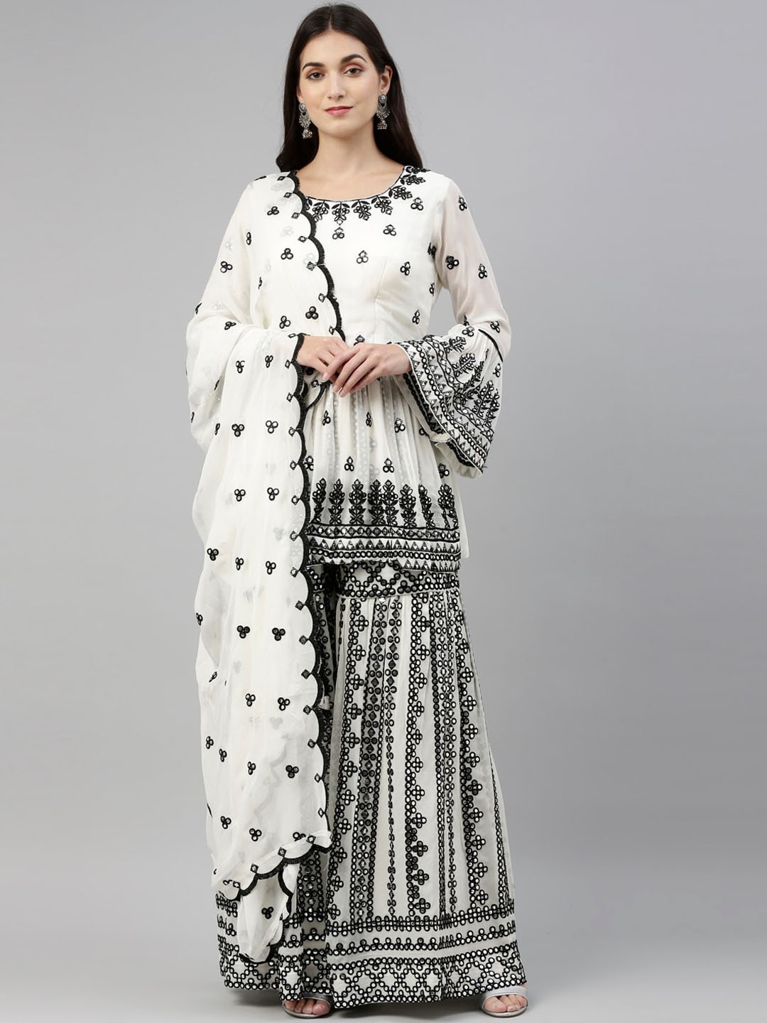 

Neerus Women Cream-Coloured Embroidered Pleated Thread Work Kurta with Sharara & Dupatta
