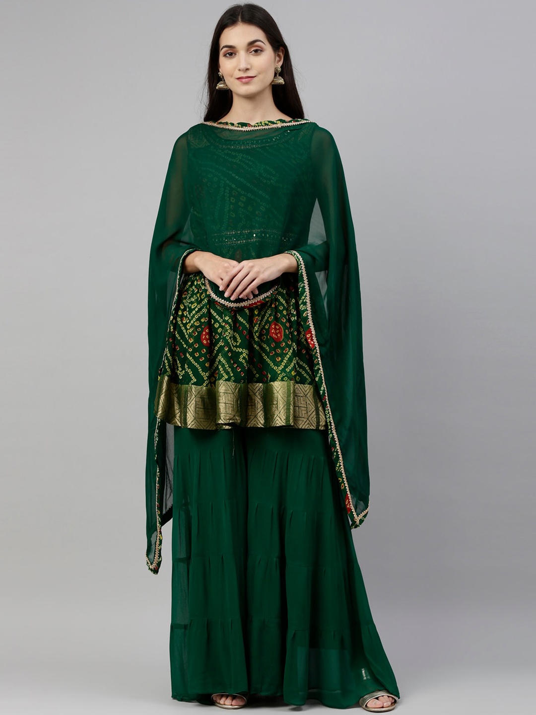 

Neerus Women Green Bandhani Printed Regular Silk Georgette Kurta with Sharara & Dupatta