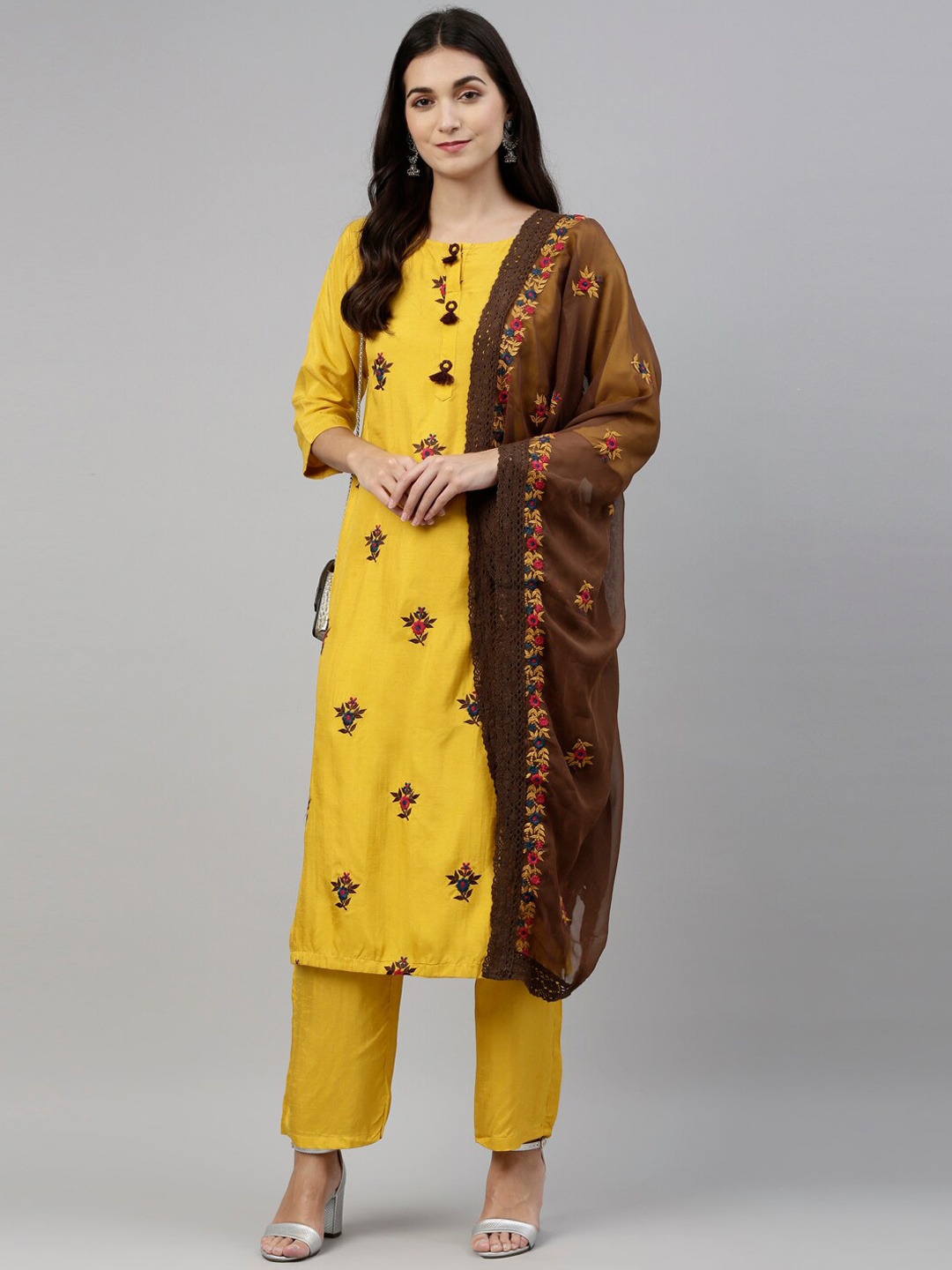 

Neerus Women Yellow Ethnic Motifs Embroidered Kurta with Trousers & Dupatta