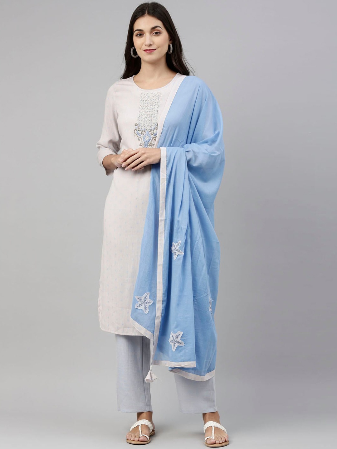 

Neerus Women Grey Yoke Design Pure Cotton Kurta with Sharara & Dupatta