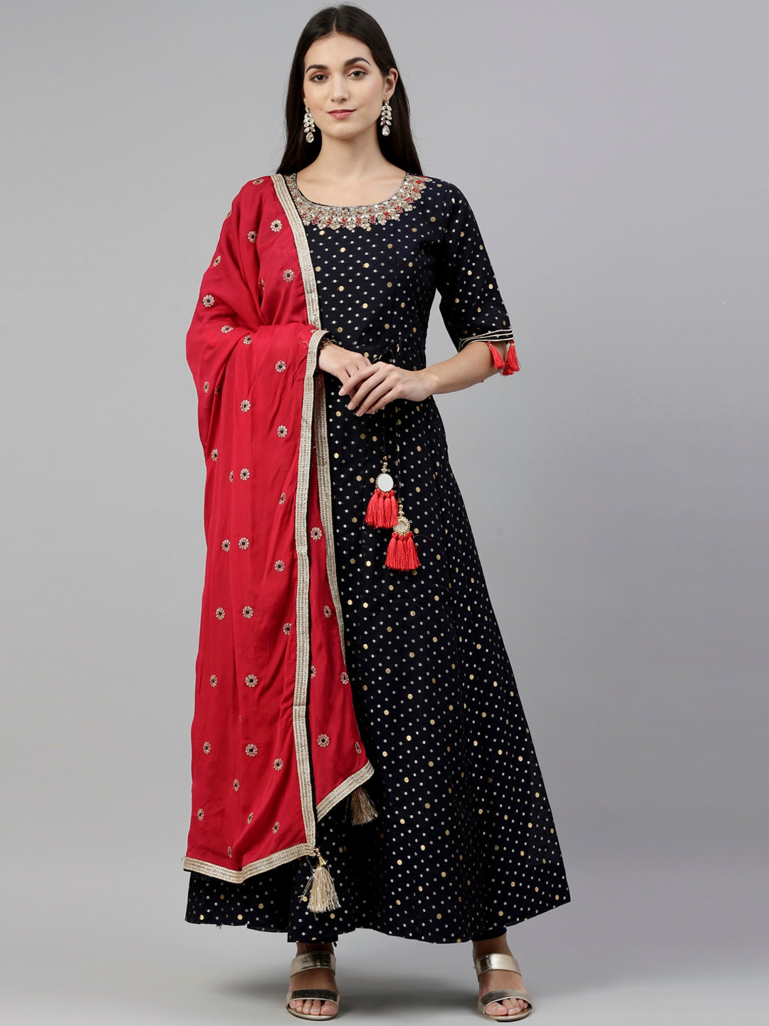

Neerus Women Navy Blue Printed Regular Thread Work Chanderi Silk Kurta with Palazzos & With Dupatta