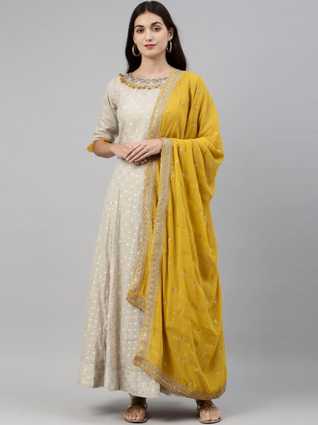 

Neerus Women Beige Printed Regular Chanderi Silk Kurta with Palazzos & With Dupatta
