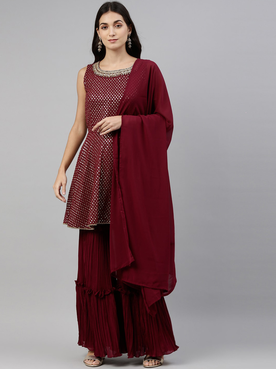 

Neerus Women Red Embroidered Regular Silk Georgette Kurta with Sharara & With Dupatta