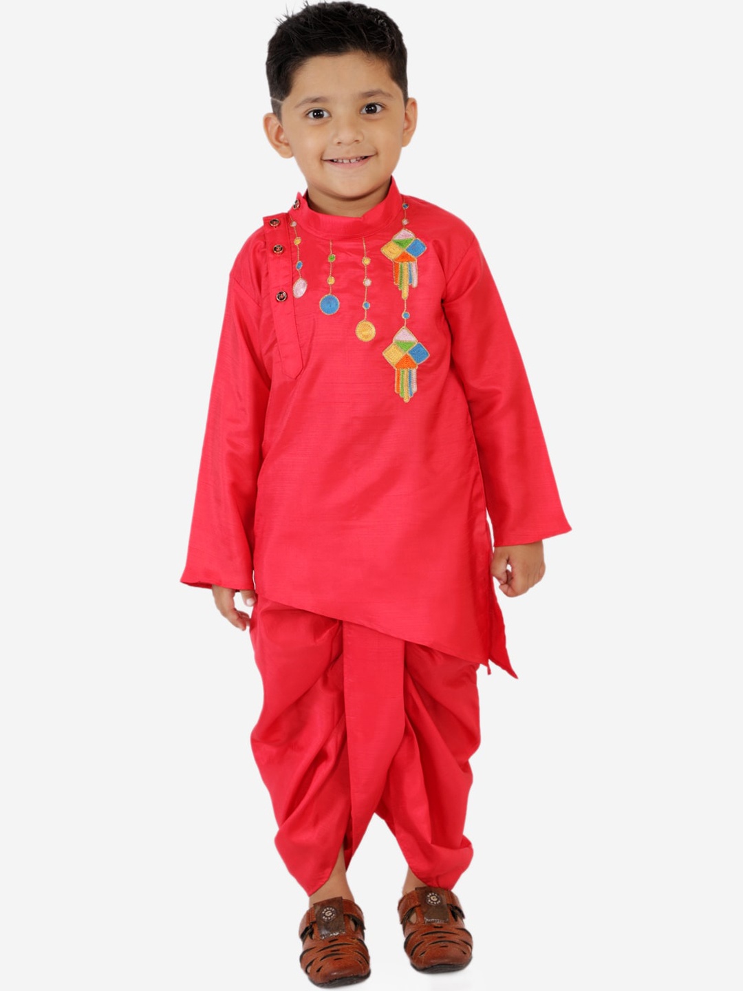 

KID1 Boys Red Embroidered Asymmetric Silk Blend Kurta with Dhoti Pants