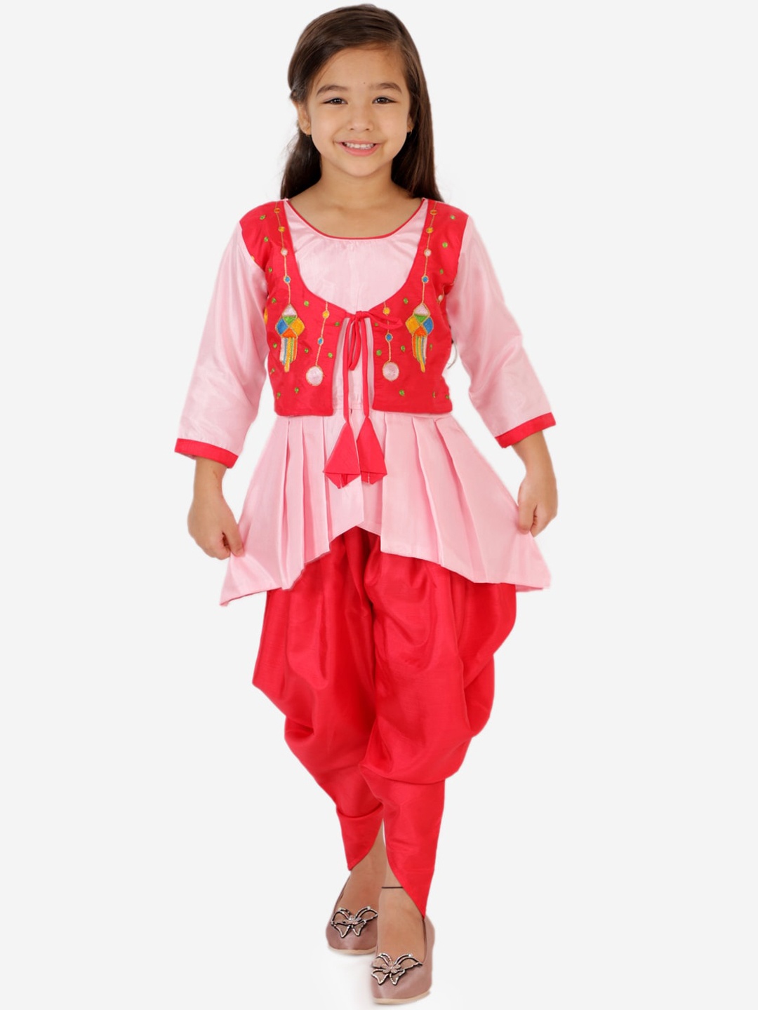 

KID1 Girls Red Floral Embroidered Peplum High Low Kurti with Dhoti Pants