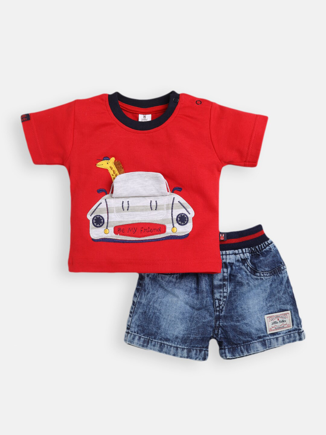 

Little Folks Boys Red & Blue Printed Pure Cotton T-shirt with Shorts