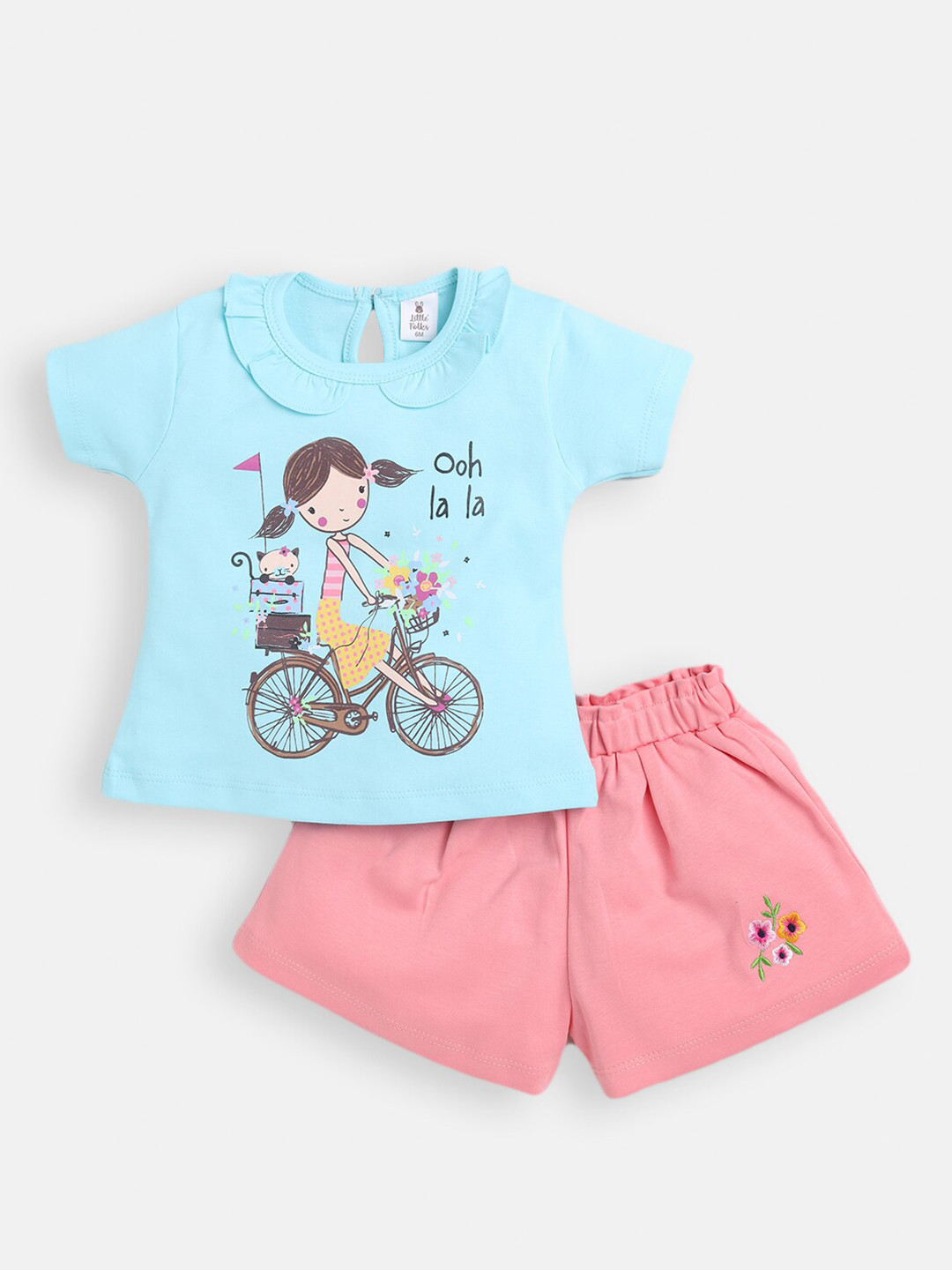 

Little Folks Girls Blue & Pink Pure Cotton Printed T-shirt with Shorts