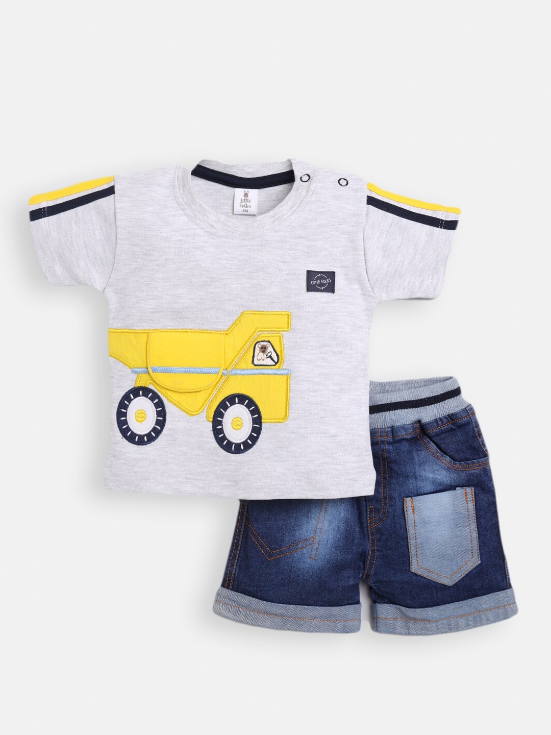 

Little Folks Boys Grey & Blue Pure Cotton Embellished T-shirt with Shorts