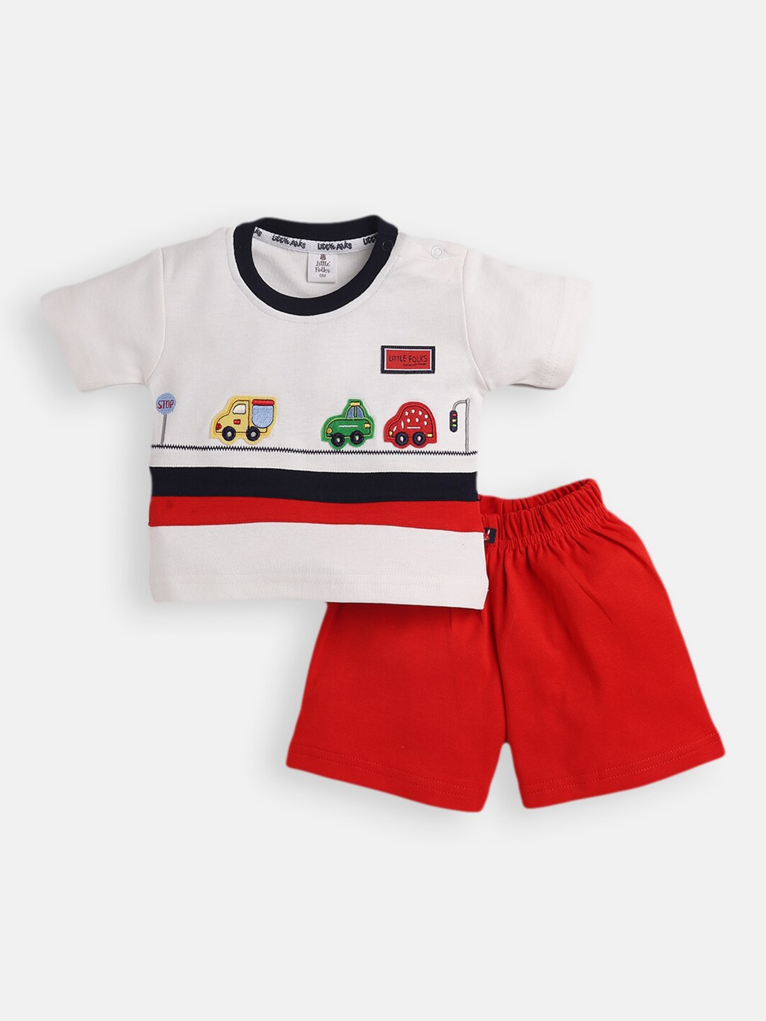 

Little Folks Boys Off White & Red T-shirt with Shorts with Applique Detail