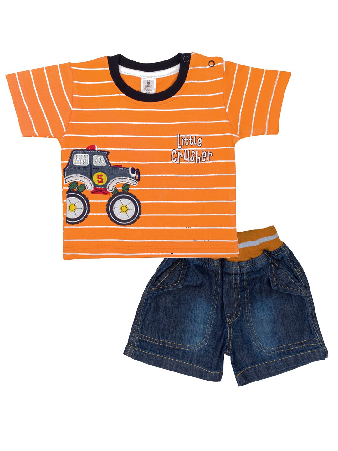 

Little Folks Boys Orange & White Striped Applique Pure Cotton T-Shirt With Shorts