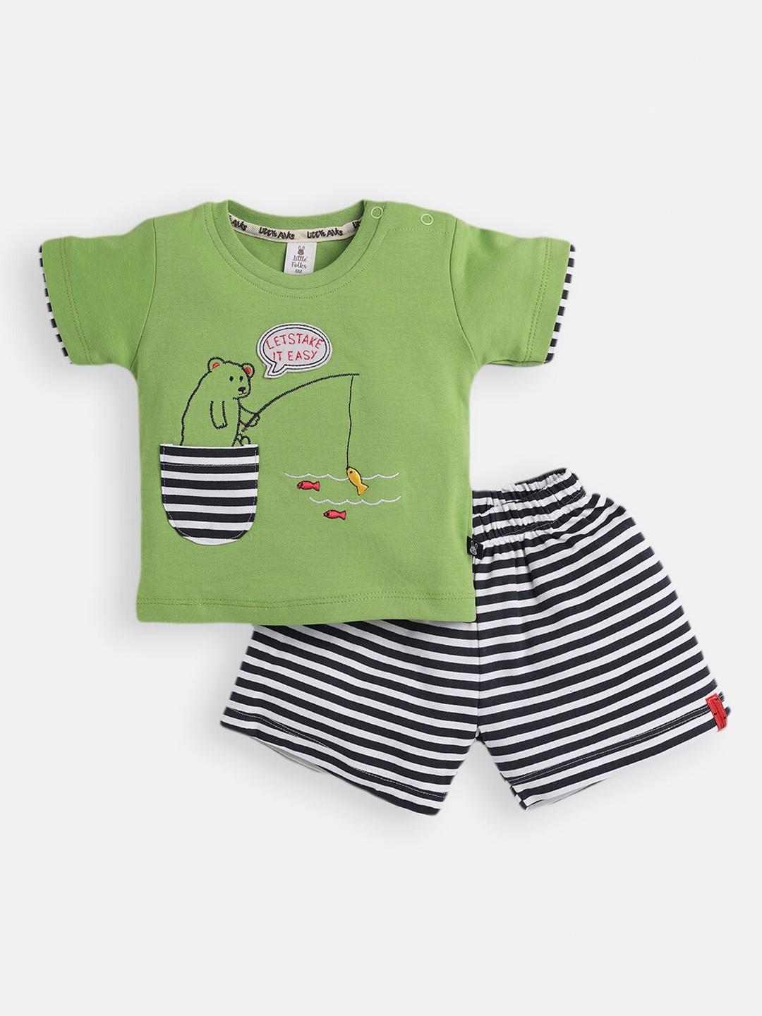 

Little Folks Boys Green & White Printed Pure Cotton T-shirt with Shorts