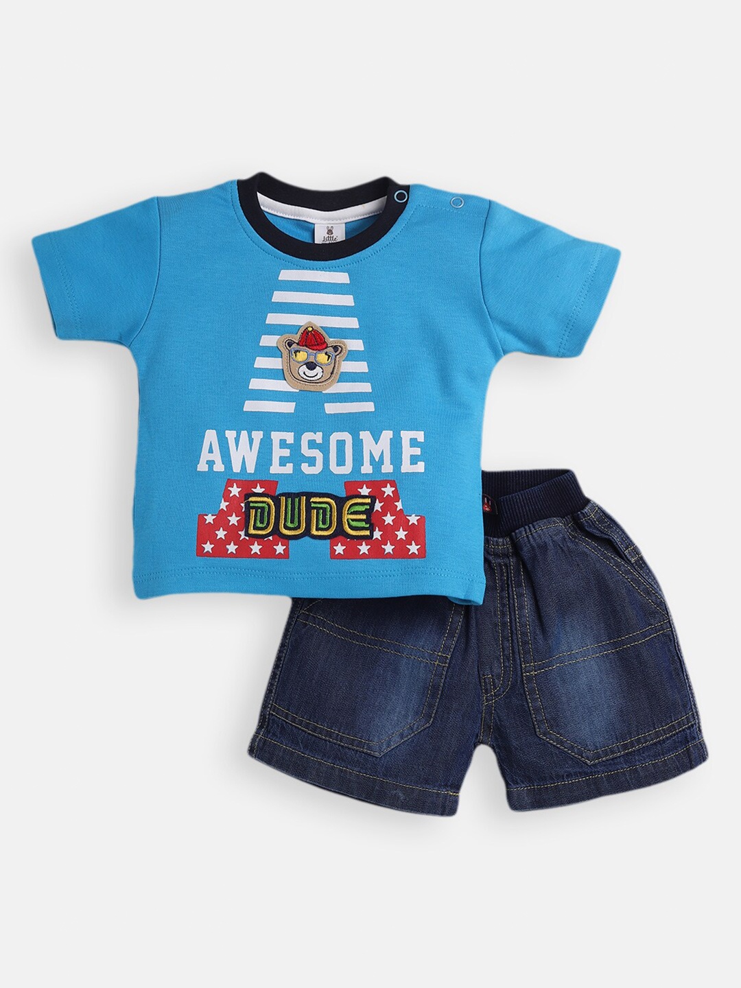 

Little Folks Boys Blue & White Pure Cotton Embellished T-shirt with Shorts