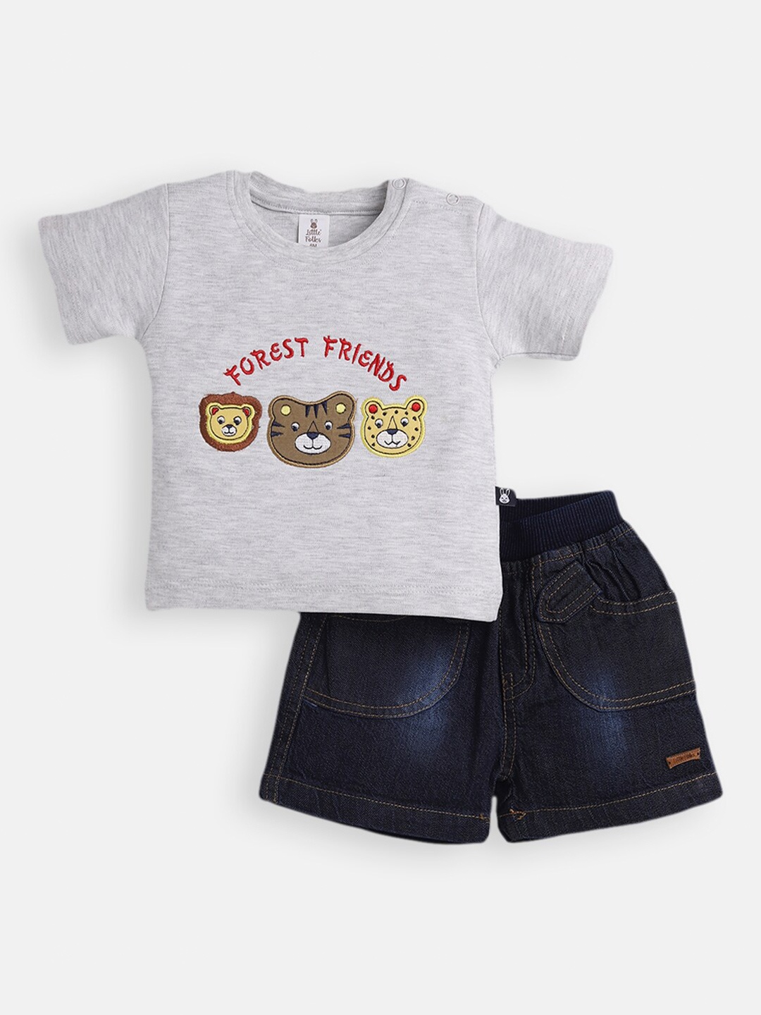 

Little Folks Boys Grey Melange & Black T-shirt with Shorts with Applique Detail