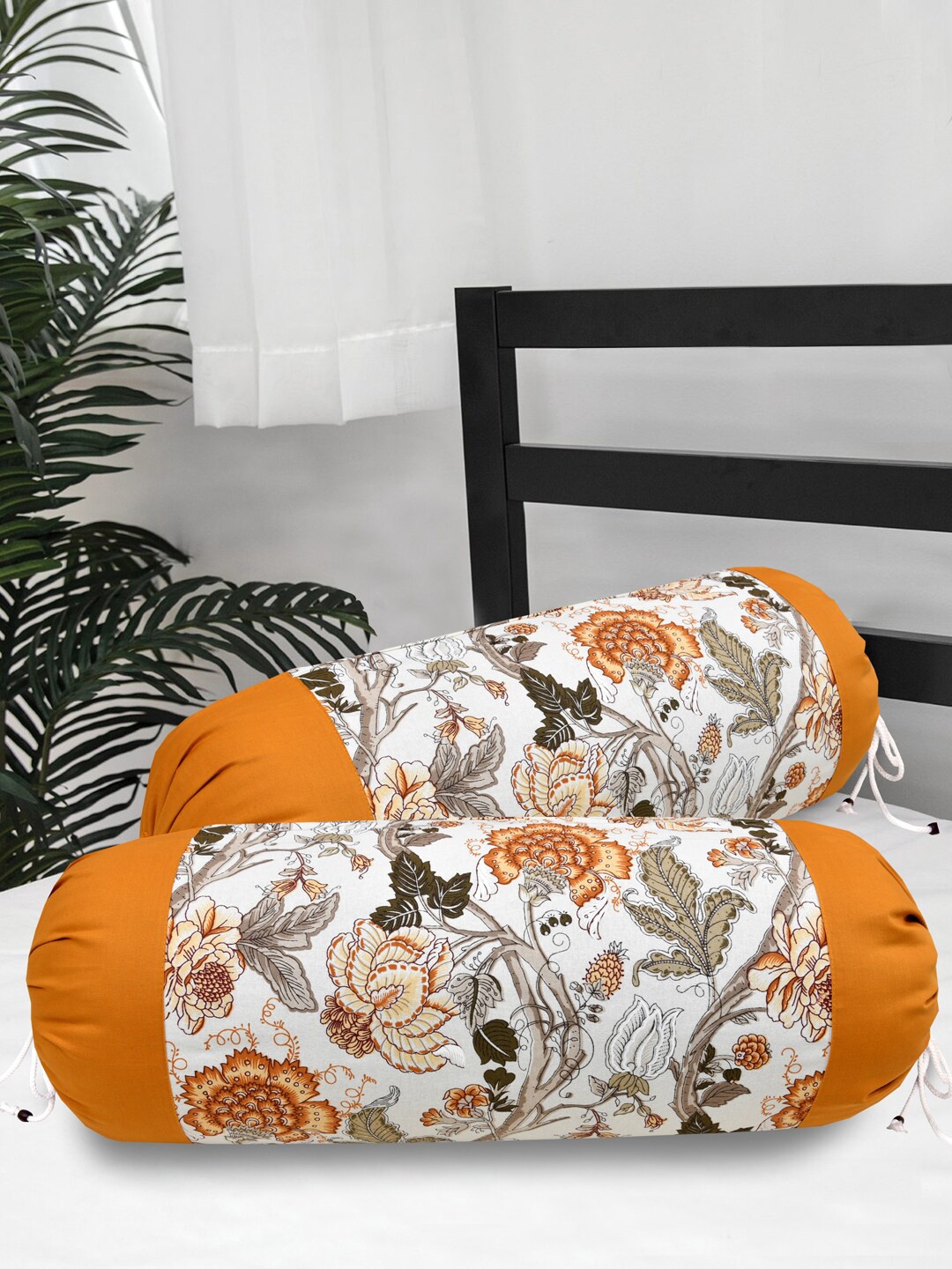 

Clasiko Set Of 2 White & Mustard Yellow Printed Cotton 300 TC Bolster Covers
