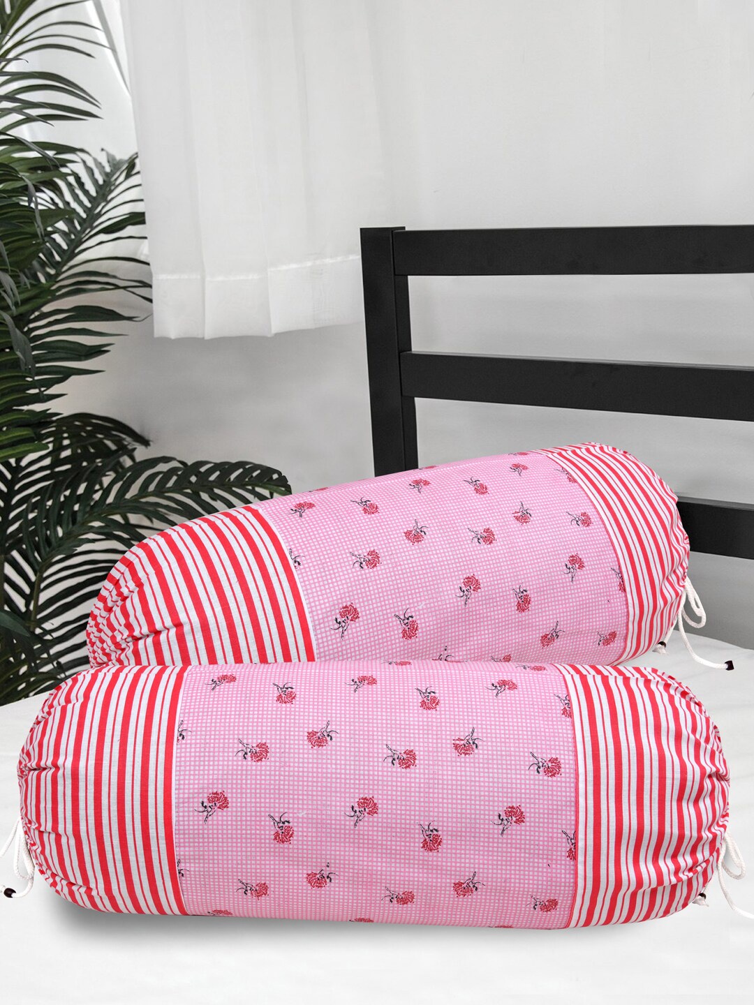 

Clasiko Set Of 2 Red & Pink Printed 300 TC Cotton Bolster Covers