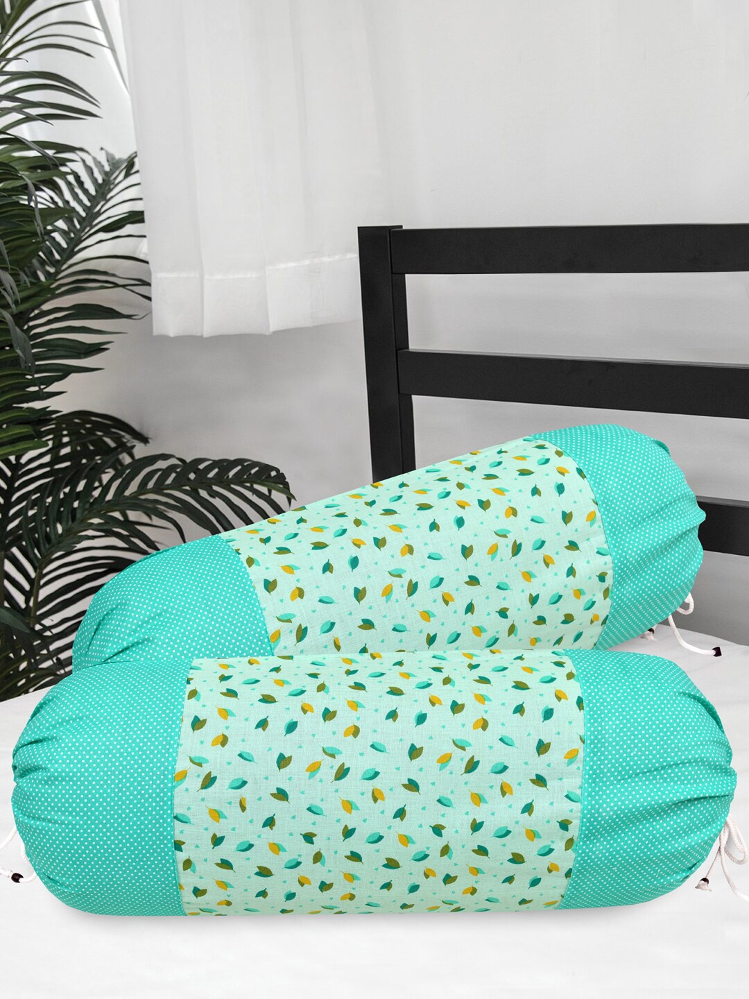 

Clasiko Set Of 2 Sea Green & Mustard Yellow Printed Cotton 300 TC Bolster Covers