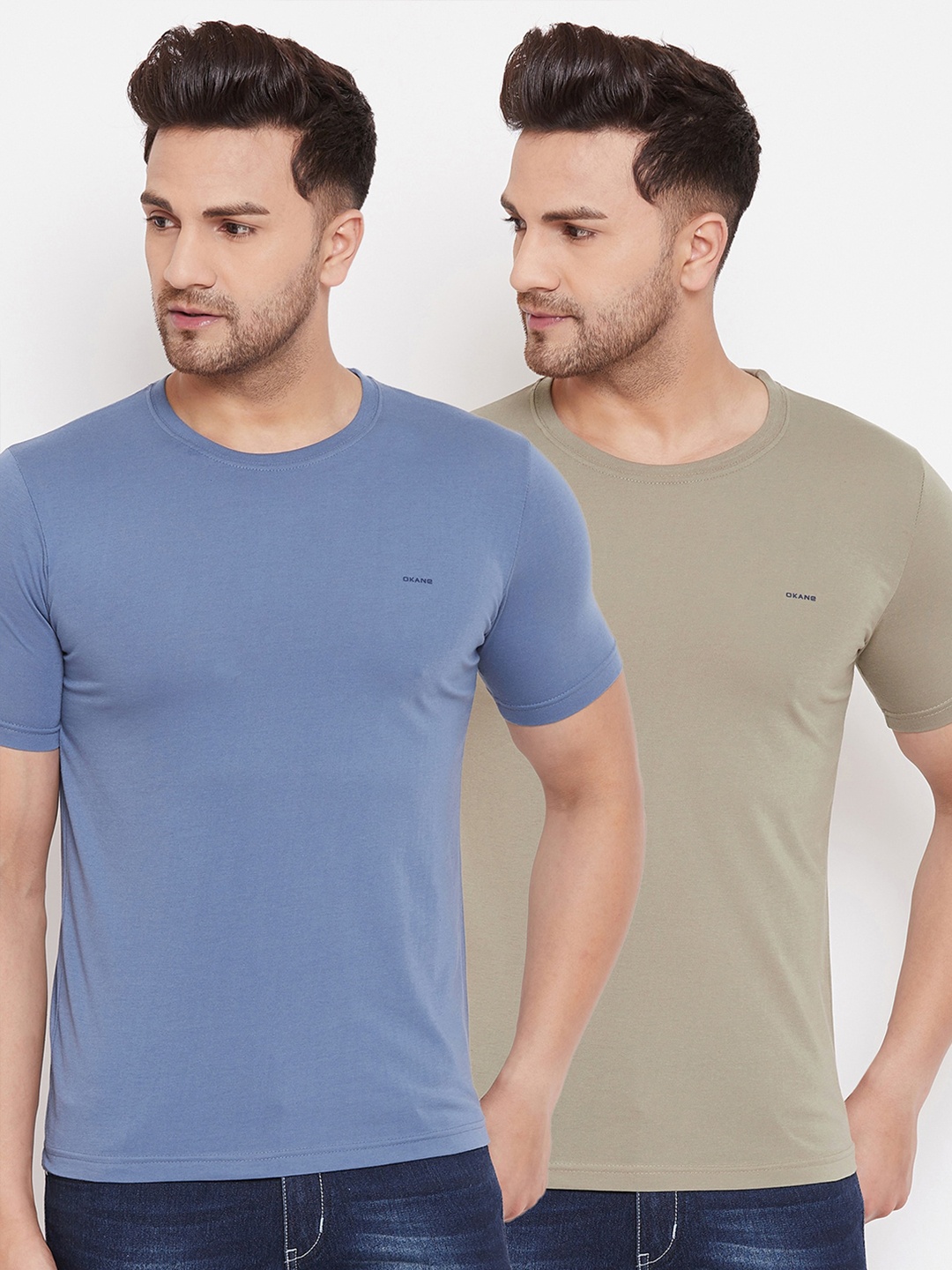 

Okane Men Set of 2 Olive Green & Blue Solid T-shirts