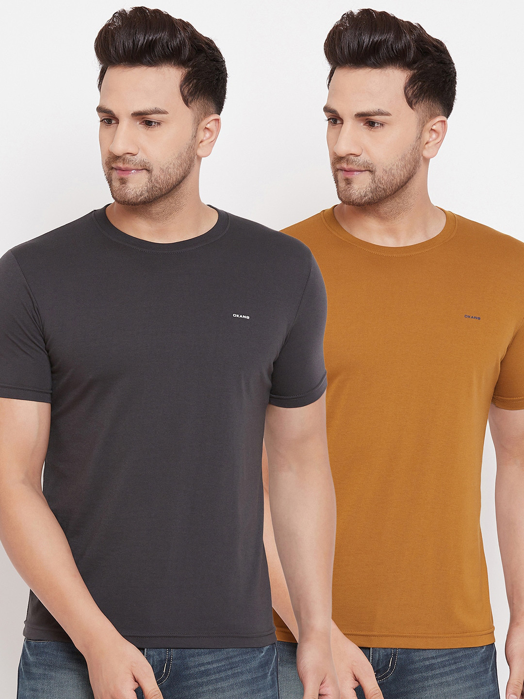 

Okane Men Pack of 2 Tan & Charcoal Solid T-shirts