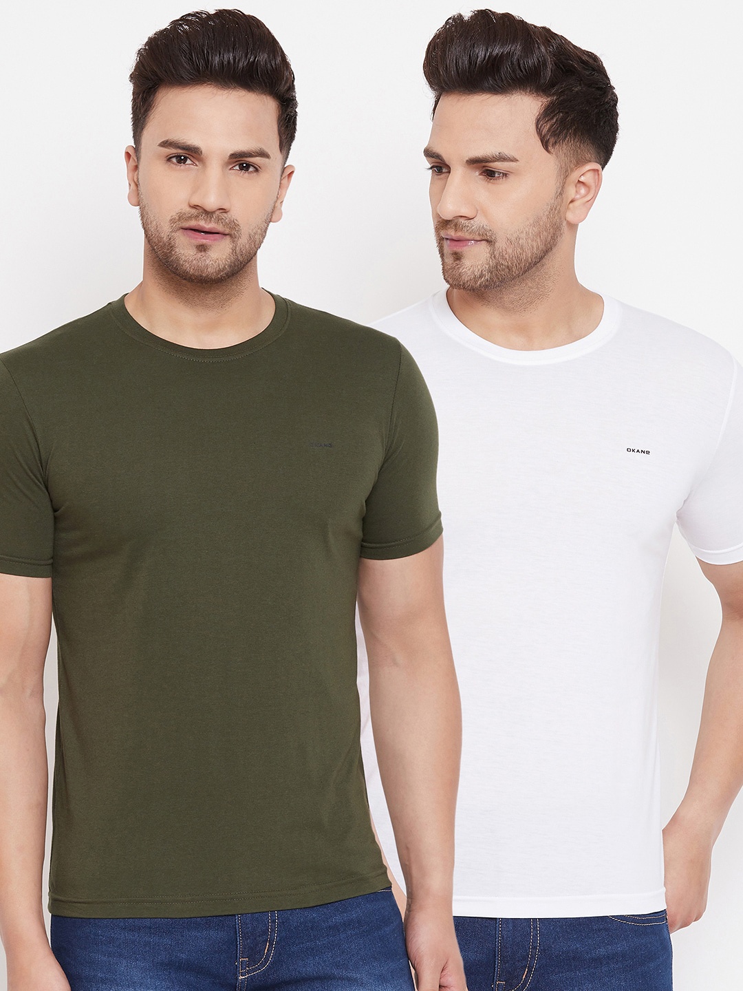 

Okane Men Pack of 2 White & Olive Green Solid T-shirts