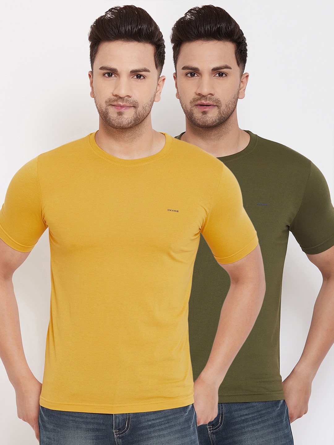 

Okane Men Pack of 2 Mustard & Olive Green Solid T-shirts