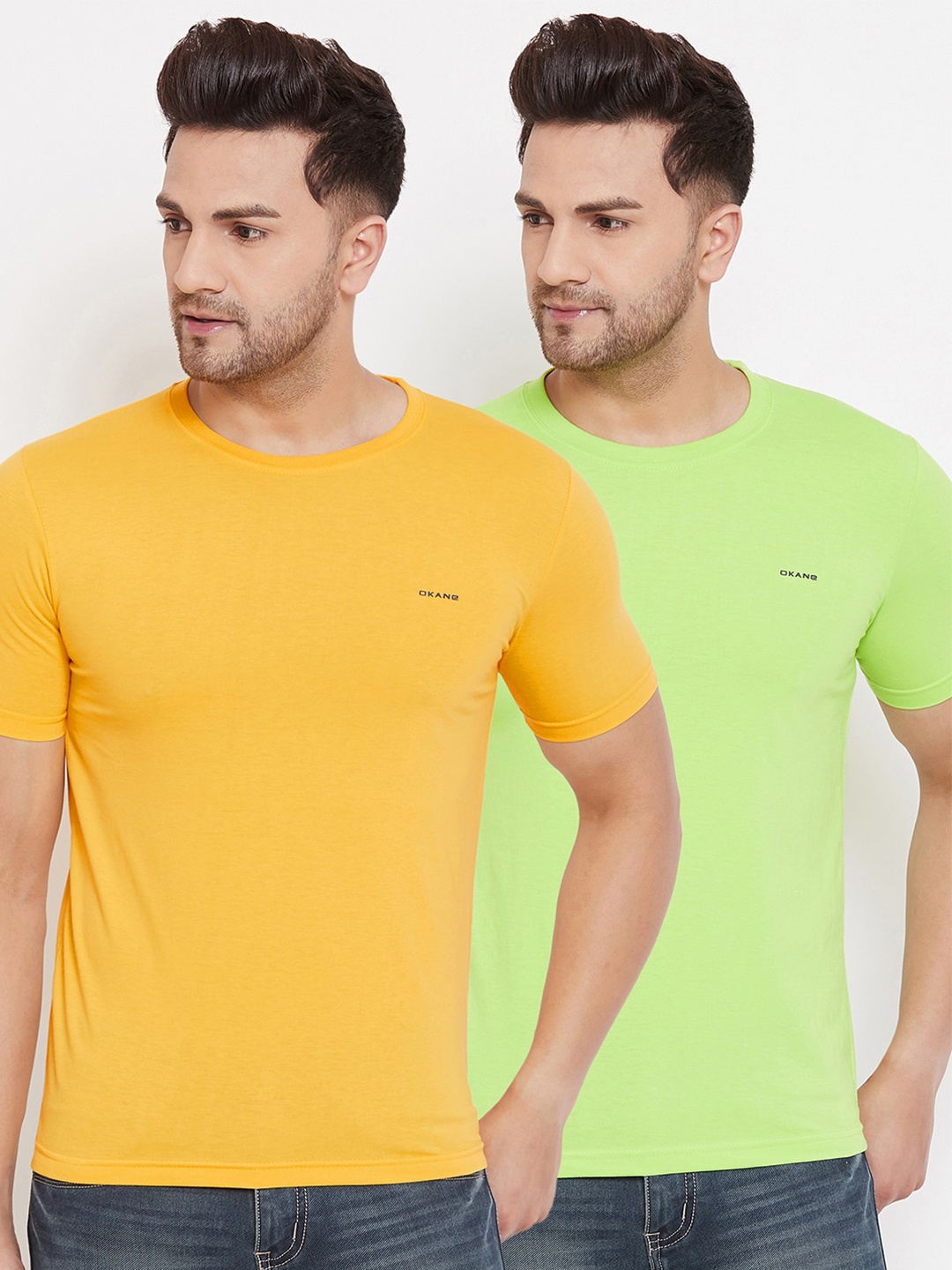

Okane Men Pack of 2 Yellow & Green Solid T-shirts